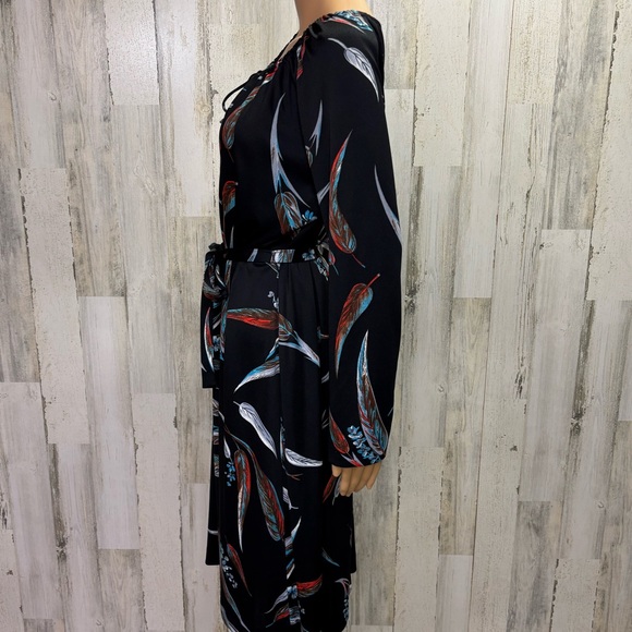 Vintage Feather Print Belted Polyester Long Sleeve Shift Dress - Picture 4 of 7